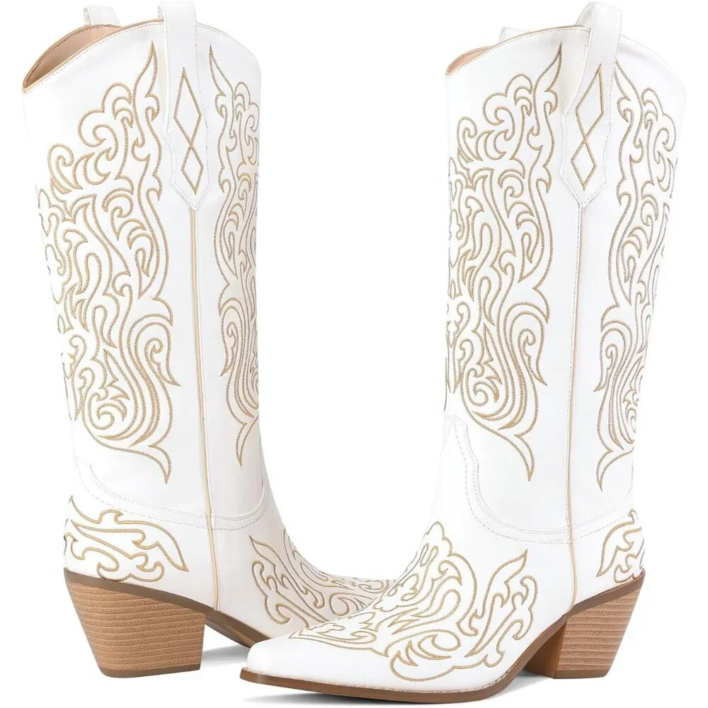 Women White Knee High Boots Cowgirl Boots Cowboy Tall Boots Western Wide Calf - Picture 2 of 9